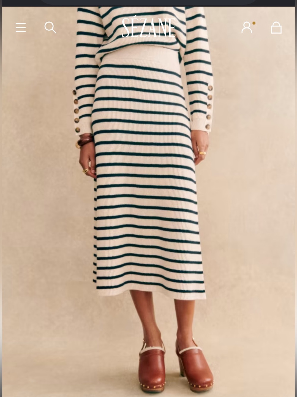 Sezane Striped Knit Midi Skirt in Cream and Navy, L